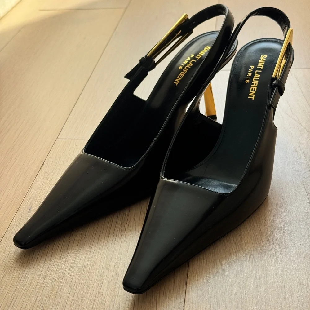Saint Laurent Black Patent Leather Pointed Slingback Pumps with Gold Buckle - Picture 4 of 4